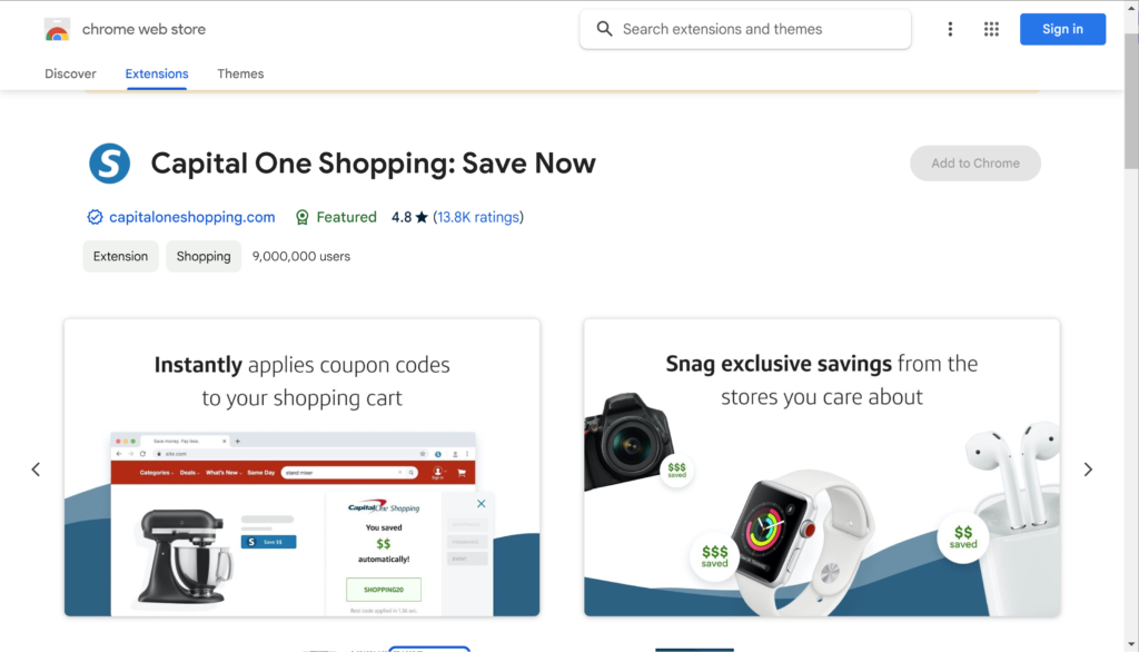 Google Web Storeで公開されているCapital One Shoppingのプラグイン